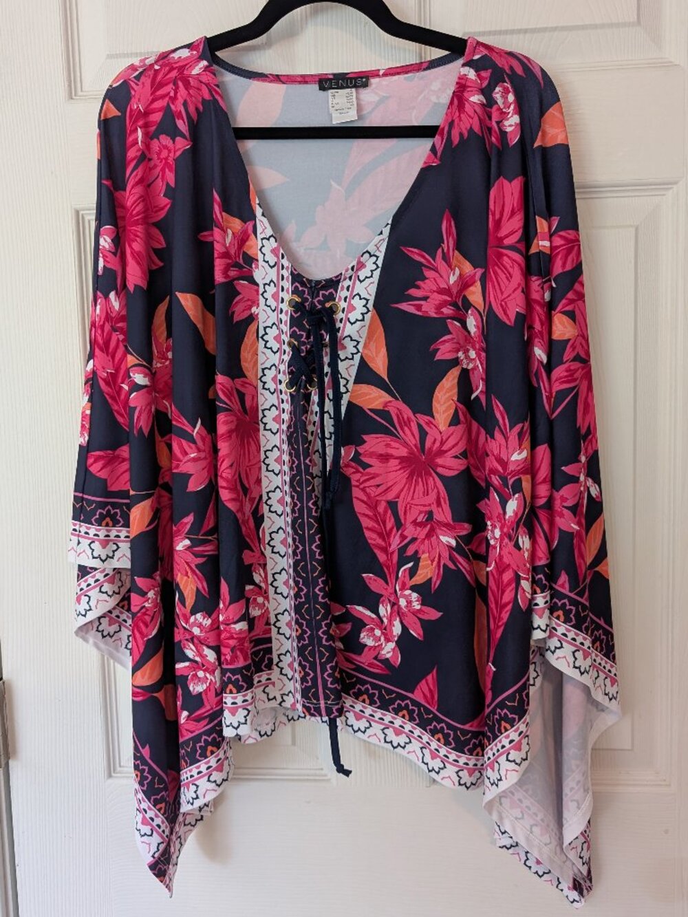 VENUS XL Pink Floral Lace Up Boho Handkerchief Hem Tunic Top